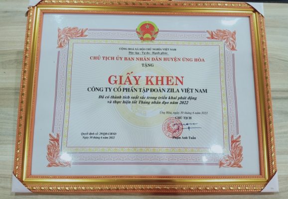 Giấy khen Của Chủ tịch huyện Ứng Hoà trao tặng Zila Vietnam 